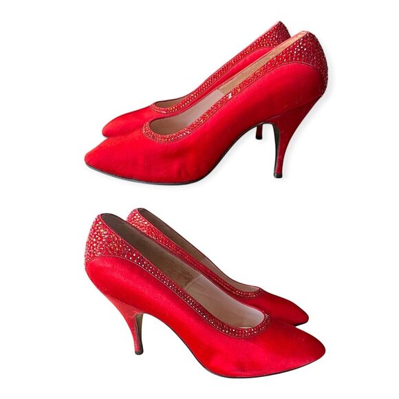 Vintage Delman Red Satin Rhinestone Heels 1950s Size 6B  Cocktail Pumps - Picture 15 of 15